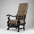 Upholstered armchair, originally from a set of eight, from Burley-on-the-Hill, Rutland (one of a pair), Attributed to Thomas Roberts (active 1685–1714), Ebonized beechwood, Genoese cut-velvet covers (original to the chair), British