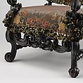Upholstered armchair, originally from a set of eight, from Burley-on-the-Hill, Rutland (one of a pair), Attributed to Thomas Roberts (active 1685–1714), Ebonized beechwood, Genoese cut-velvet covers (original to the chair), British