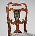 Pair of side chairs, Attributed to Thomas How (British, active 1710–33), Walnut and walnut veneer, parcel-gilt, the seat rails of beech; gilded lead mounts on the knees and front rail; verre églomisé panel mounted on the splat; covered in contemporary tent stitch embroidery on canvas needlework not original to the chair, British