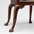 Pair of side chairs, Attributed to Thomas How (British, active 1710–33), Walnut and walnut veneer, parcel-gilt, the seat rails of beech; gilded lead mounts on the knees and front rail; verre églomisé panel mounted on the splat; covered in contemporary tent stitch embroidery on canvas needlework not original to the chair, British