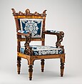 Pair of armchairs (part of a set), Designed by Filippo Pelagio Palagi (Italian, Bologna 1775–1860 Turin), Mahogany veneered with maplewood and mahogany, covered with modern silk brocade, Italian, Piedmont