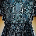 State bed from Hampton Court, Herefordshire, Wood covered in blue silk damask, British