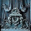 State bed from Hampton Court, Herefordshire, Wood covered in blue silk damask, British