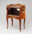 Bedside table (table de nuit), Attributed to Bernard II van Risenburgh (ca. 1696–ca. 1767), Oak veneered with tulipwood and kingwood; gilt-bronze mounts; Sarrancolin marble; silk moiré drawer lining (not original), French, Paris