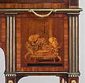 Rolltop desk, David Roentgen (German, Herrnhaag 1743–1807 Wiesbaden, master 1780), Oak, cherry, pine, mahogany, veneered with maple, burl woods, holly, hornbeam (all partially stained), tulipwood, mahogany, and other woods; mother-of-pearl; partially gilded and tooled leather; gilt bronze, iron, steel, brass, partially gold-lacquered brass, German, Neuwied am Rhein