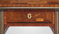 Rolltop desk, David Roentgen (German, Herrnhaag 1743–1807 Wiesbaden, master 1780), Oak, cherry, pine, mahogany, veneered with maple, burl woods, holly, hornbeam (all partially stained), tulipwood, mahogany, and other woods; mother-of-pearl; partially gilded and tooled leather; gilt bronze, iron, steel, brass, partially gold-lacquered brass, German, Neuwied am Rhein