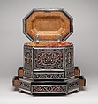 Wig cabinet (cabinet de coiffure), Johann Daniel Sommer II (German, 1643–1698?), Oak and walnut veneered with ebony, ebonized wood, and marquetry of pewter, mother of pearl, and tortoiseshell colored red on the reverse; silver; brocaded damask (not original), German, Künzelzau