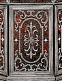 Wig cabinet (cabinet de coiffure), Johann Daniel Sommer II (German, 1643–1698?), Oak and walnut veneered with ebony, ebonized wood, and marquetry of pewter, mother of pearl, and tortoiseshell colored red on the reverse; silver; brocaded damask (not original), German, Künzelzau