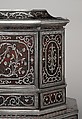 Wig cabinet (cabinet de coiffure), Johann Daniel Sommer II (German, 1643–1698?), Oak and walnut veneered with ebony, ebonized wood, and marquetry of pewter, mother of pearl, and tortoiseshell colored red on the reverse; silver; brocaded damask (not original), German, Künzelzau