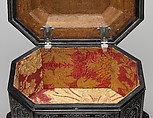 Wig cabinet (cabinet de coiffure), Johann Daniel Sommer II (German, 1643–1698?), Oak and walnut veneered with ebony, ebonized wood, and marquetry of pewter, mother of pearl, and tortoiseshell colored red on the reverse; silver; brocaded damask (not original), German, Künzelzau