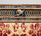 Triple-back settee (part of a set), Carved, gilded and painted walnut, reverse painted glass, cut and voided 17th-century crimson velvet, Italian, Sicily