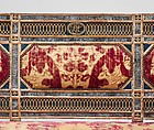 Triple-back settee (part of a set), Carved, gilded and painted walnut, reverse painted glass, cut and voided 17th-century crimson velvet, Italian, Sicily