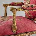 Armchair (one of a set of six), John Mayhew (British, 1736–1811), Gilded fruitwood; wool and silk (22-24 warps per inch, 9-10 per centimeter), British and French