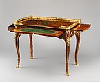 Writing table (table à écrire), Bernard II van Risenburgh (ca. 1696–ca. 1767), Oak veneered with tulipwood, kingwood, amaranth, mahogany, ebony, mother-of-pearl, stained horn; gilt-bronze mounts; modern velvet, French, Paris