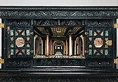 Cabinet, Oak and poplar wood veneered with ebony; ivory; stained ivory; bone, and various marquetry woods, including kingwood and amaranth; ebonized pearwood; gilt-bronze capitals and bases; plated-iron hardware, French, Paris
