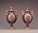 Vase with cover (vase des âges) (one of a pair), Sèvres Manufactory (French, 1740–present), Soft-paste porcelain decorated in polychrome enamels, gold, French, Sèvres