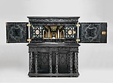 Cabinet, Oak and poplar wood veneered with ebony; ivory; stained ivory; bone, and various marquetry woods, including kingwood and amaranth; ebonized pearwood; gilt-bronze capitals and bases; plated-iron hardware, French, Paris
