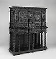 Cabinet, Oak and poplar wood veneered with ebony; ivory; stained ivory; bone, and various marquetry woods, including kingwood and amaranth; ebonized pearwood; gilt-bronze capitals and bases; plated-iron hardware, French, Paris