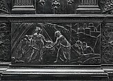 Cabinet, Oak and poplar wood veneered with ebony; ivory; stained ivory; bone, and various marquetry woods, including kingwood and amaranth; ebonized pearwood; gilt-bronze capitals and bases; plated-iron hardware, French, Paris