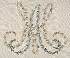 Fire screen (Écran) (part of a set), Jean-Baptiste-Claude Sené (1748–1803), Carved, painted and gilded walnut; modern cotton twill with silk embroidery, French, Paris
