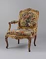 Armchair (fauteuil), Beauvais, Carved and gilded beechwood; Beauvais tapestry upholstery, French