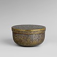 Box with cover, Brass, inlaid with silver and niello (?), possibly Egyptian