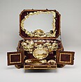 Toilet set in original leather case, Fourteen identified German (Augsburg) goldsmiths and other German artisans; Japanese (Imari) porcelain maker, Gilt silver, hard-paste porcelain, cut glass, walnut, carved and partially gilt coniferous wood, blind-tooled and partially gilt leather, partially gilt steel and iron, textiles, moiré paper, hog's bristle, German, Augsburg