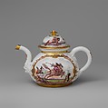 Teapot with equestrian scene, Meissen Manufactory (German, 1710–present), Hard-paste porcelain decorated in polychrome enamels, gold, German, Meissen