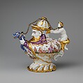 Teapot with cover, Meissen Manufactory (German, 1710–present), Hard-paste porcelain decorated in polychrome enamels, gold; metal chain and mounts, German, Meissen with Augsburg decoration