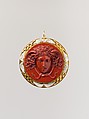 Head of Medusa, Cameo by Benedetto Pistrucci (Italian, 1783–1855, active England), Red jasper mounted in gold with white enamel, Italian, executed in England (London)