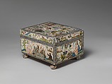 Cabinet with personifications of the Five Senses, Satin worked with silk and metal thread, purl, chenille, seed pearls, coral beads, and mica; tent, knots, rococo, satin, couching, and detached buttonhole stitches; woven metal thread trim; silk and paper lining; wood frame; turned wooden feet, British