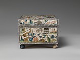 Cabinet with personifications of the Five Senses, Satin worked with silk and metal thread, purl, chenille, seed pearls, coral beads, and mica; tent, knots, rococo, satin, couching, and detached buttonhole stitches; woven metal thread trim; silk and paper lining; wood frame; turned wooden feet, British