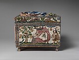 Cabinet with scenes from the Story of Esther, Wood; silk satin worked with silk, metal threads (metal strip wrapped silk, silk-wrapped coiled wire, wire) linen thread, seed pearls, mica, feathers; detached buttonhole, buttonhole filling variations; French knot, single knot, laid work, couching, satin, and stem stitches; metal thread trim (metal strip wrapped on silk core; metal strip) wood frame; silk lining; mirror glass, glass bottles; printed paper, British