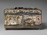 Cabinet with scenes from the Story of Esther, Wood; silk satin worked with silk, metal threads (metal strip wrapped silk, silk-wrapped coiled wire, wire) linen thread, seed pearls, mica, feathers; detached buttonhole, buttonhole filling variations; French knot, single knot, laid work, couching, satin, and stem stitches; metal thread trim (metal strip wrapped on silk core; metal strip) wood frame; silk lining; mirror glass, glass bottles; printed paper, British