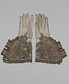 Pair of gloves, Leather; canvas worked with silk and metal thread; tent, Gobelin, detached buttonhole variations, and plaited braid stitches; metal bobbin lace; silk and metal ribbon, British