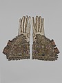 Pair of gloves, Leather; canvas worked with silk and metal thread; tent, Gobelin, detached buttonhole variations, and plaited braid stitches; metal bobbin lace; silk and metal ribbon, British