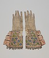 Pair of gloves, Leather, silk and metal thread, British