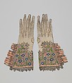 Pair of gloves, Leather, silk and metal thread, British