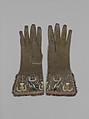 Pair of gloves, Leather, silk and metal thread, British