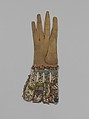 Glove, Leather, silk and metal thread on cloth, sequins and lace, British