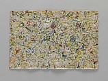 Pillow cover, Linen worked with silk and metal thread, spangles; stem, back, plaited braid, knots, and buttonhole stitches, with buttonhole filling, raised and semi-detached, British