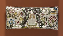 Cushion, Satin worked with silk and metal thread; long-and-short, satin, split, and couching stitches, British