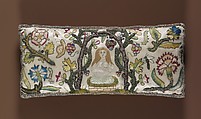 Cushion, Satin worked with silk and metal thread; long-and-short, satin, split, and couching stitches, British