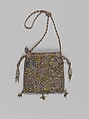 Purse, Canvas worked with silk and metal thread, glass beads, spangles; Gobelin, tent, and detached buttonhole stitches; silk cord and silk and metal thread tassels, British