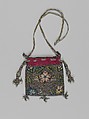 Bag, Canvas embroidered with silk and silver thread, British