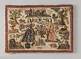 Two ladies in a landscape with a castle, Silk, metal thread, purl, beads on silk, British