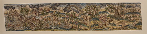 Valance (one of a set of three), Canvas worked with silk and metal thread; tent, long-and-short, and couching stitches, British