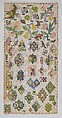 Sampler, Canvas worked with silk and metal thread; tent, cross, back, plaited braid, knots, laid work, and detached buttonhole stitches, British
