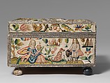 Cabinet with personifications of the Five Senses, Satin worked with silk and metal thread, purl, chenille, seed pearls, coral beads, and mica; tent, knots, rococo, satin, couching, and detached buttonhole stitches; woven metal thread trim; silk and paper lining; wood frame; turned wooden feet, British