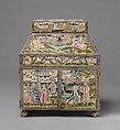 Cabinet with scenes from the Life of Joseph, Linen worked with silk thread; laid work, split, knot, satin and sheaf stitches; metal thread trim; wood frame; silk lining; turned wood feet, British